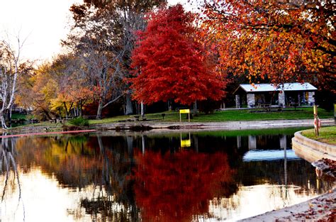 a lake surrounded by trees with red leaves