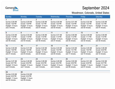 September 2024 Sunrise and Sunset Calendar for Woodmoor (PDF, Excel, Word)