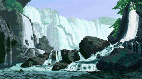 HD wallpaper: painting of waterfall, digital art, pixel art, pixels ...