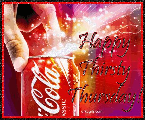 a hand holding a can of soda with the words happy thirsty thursday on it