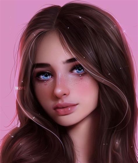 a digital painting of a woman with blue eyes and long brown hair ...