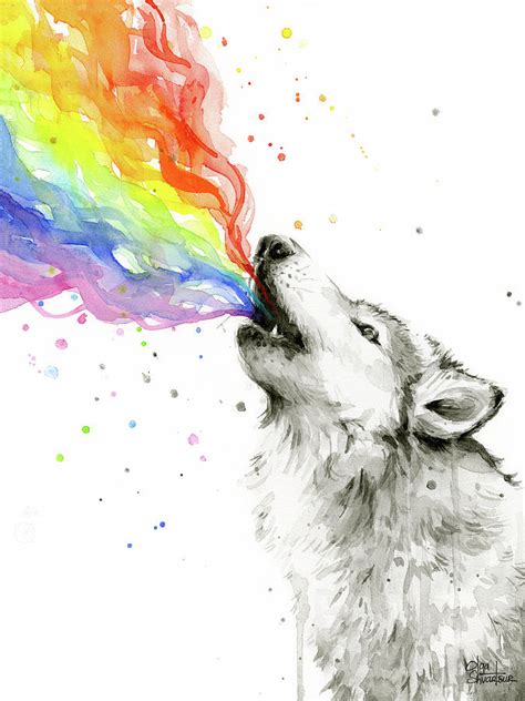 Wolf Rainbow Watercolor Painting by Olga Shvartsur