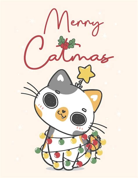 Premium Vector | Cute happy calico kitten cat christmas cat tree merry catmas cartoon animal ...