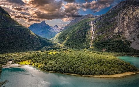 Download wallpapers mountain valley, lake, waterfall, mountains, rocks, Norway, Vikane, Sogn og ...