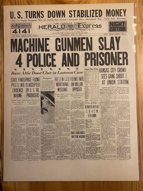 VINTAGE NEWSPAPER HEADLINE ~CRIME KANSAS CITY MASSACRE 1933 4 POLICE SLAIN | eBay