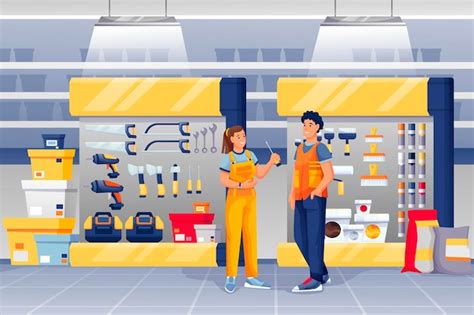 Free Vector | People in hardware shop woman assistant standing and talking to man Tools and ...