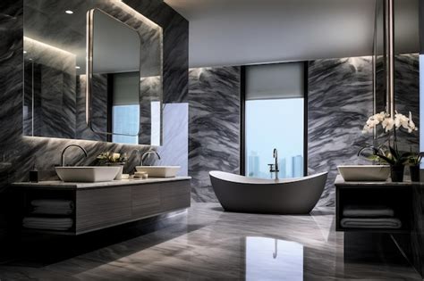 Premium AI Image | Sleek Grey Marble Bathroom with LED Light Generative AI