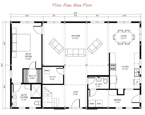 Pre-designed Ponderosa Country Barn Home Main Floor Plan Layout Barn House Kits, Shop House ...