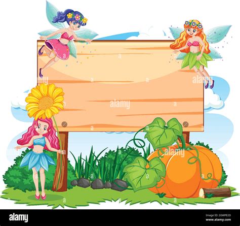 Fairy tales in garden with blank banner cartoon style on white ...