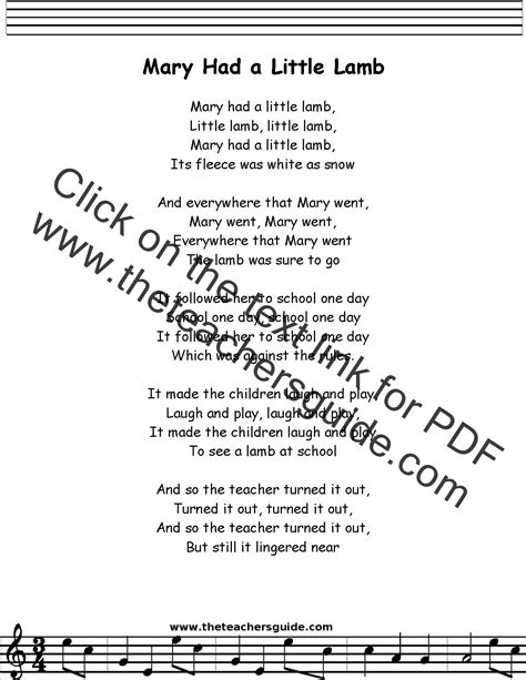 Mary Had a Little Lamb Lyrics, Printout, MIDI, and Video