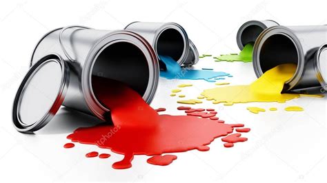 Open metal paint cans with spilled paints. 3D illustration — Stock Photo © destinacigdem #189695398