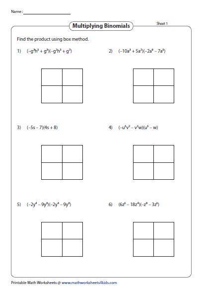 Multiply binomials using box method | Printable math worksheets, Text features worksheet ...