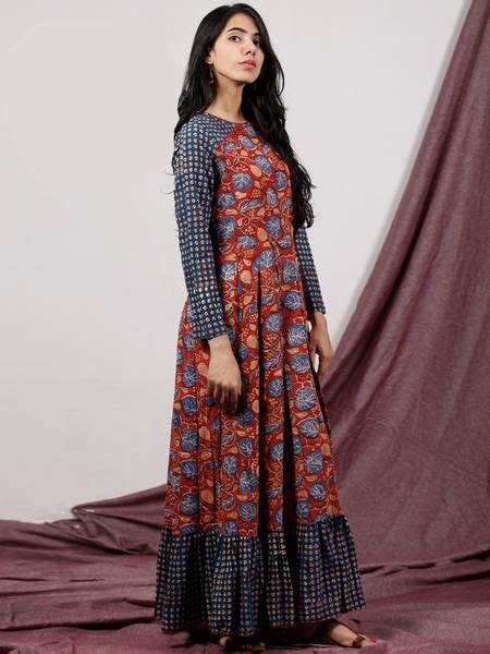 Red Indigo Ivory Hand Block Printed Long Cotton Dress With Box Pleats - D184F1310 in 2020 ...