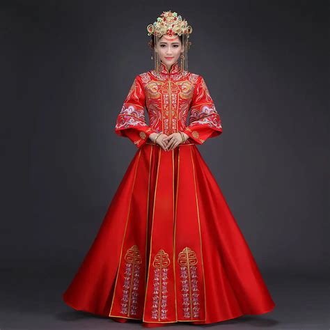 Red Chinese Wedding Dress Female Long Sleeve Cheongsam Gold Embroidery ...