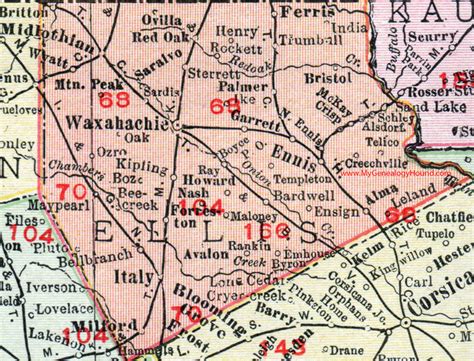 Ellis County, Texas, 1911, Map, Waxahachie, Midlothian, Ennis, Milford, Italy, Ferris, Palmer ...