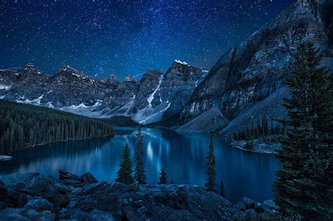 HD wallpaper: Lakes, Moraine Lake, Earth, Mountain, Night, Sky, Snow, Star | Wallpaper Flare