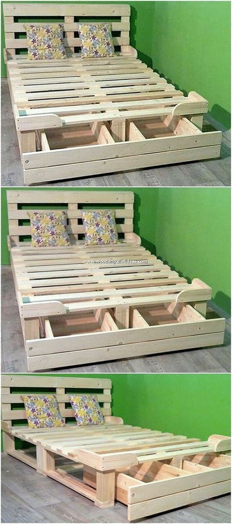 two pictures of the same bed frame with drawers on each side, and one is made out of pallets