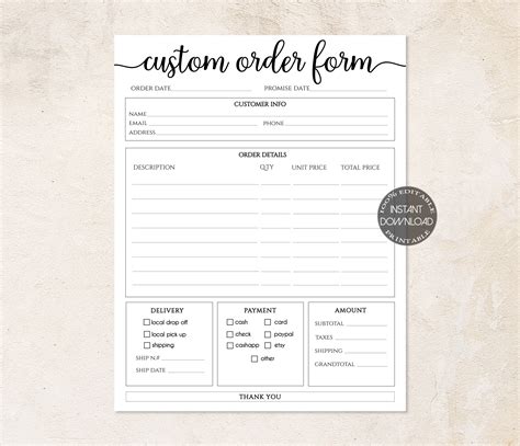 Printable Free Craft Order Form Template