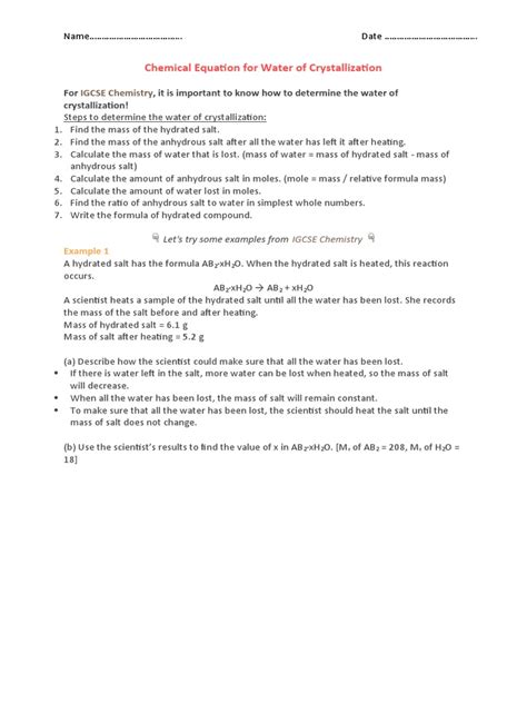 Chemical Equation For Water of Crystallization | PDF | Nature ...