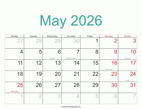 May 2026 Calendar Printable with Holidays | Whatisthedatetoday.Com