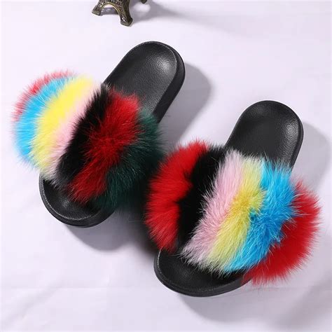 ZDFURS *Women's Furry Slippers Ladies Cute Plush Fox Hair Fluffy ...