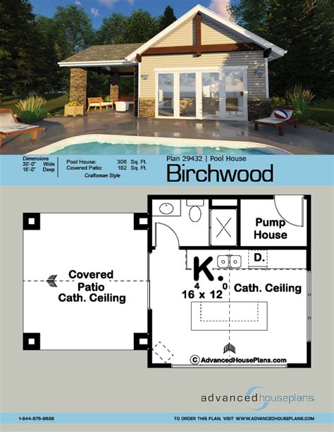 Poolhouse plan with Covered Patio, Kitchen and Storage Space | Birchwood | Pool house plans ...