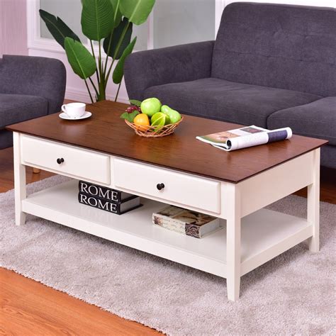 Giantex Wood Coffee Table Cocktail Table with Drawer & Storage Shelf for Living Room, Walnut ...