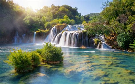 Download wallpapers Krka National Park, waterfall, morning, spring, beautiful waterfall, Krka ...