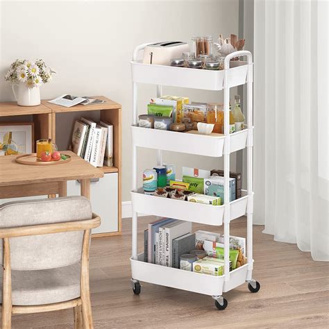 LEZZYRUCK 4-Tier Utility Cart with Lockable Wheels, Storage Shelves & 3 ...