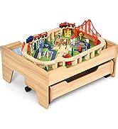 Amazon.com: HONEY JOY Train Table, Wooden Kids Activity Table with ...