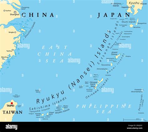 Ryukyu Islands, also known as Nansei Islands, political map. The Ryukyu ...