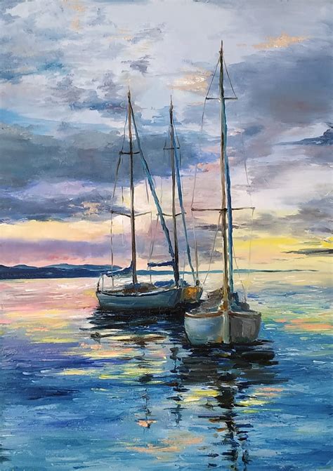 Sailboat large oil painting sailing boat at sunset Seascape | Etsy