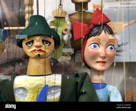 PRAGUE, CZECH REPUBLIC - Dec 21, 2018: Traditional hand carved Czech wood marionette puppets ...