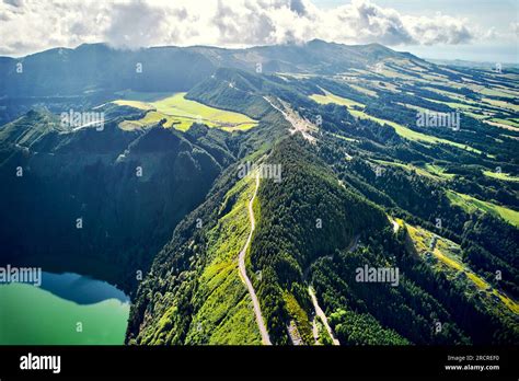 Aerial shot picturesque paradise of Sete Cidades in Azores, Sao Miguel. Volcanic craters and ...