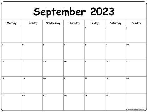 September 2023 Monday Calendar | Monday to Sunday