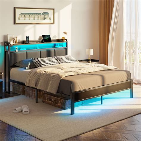 Rolanstar Bed Frame with Charging Station and LED Lights, Upholstered