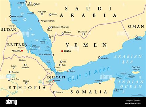 Gulf of Aden area, political map. Gulf between Yemen, Djibouti, the ...