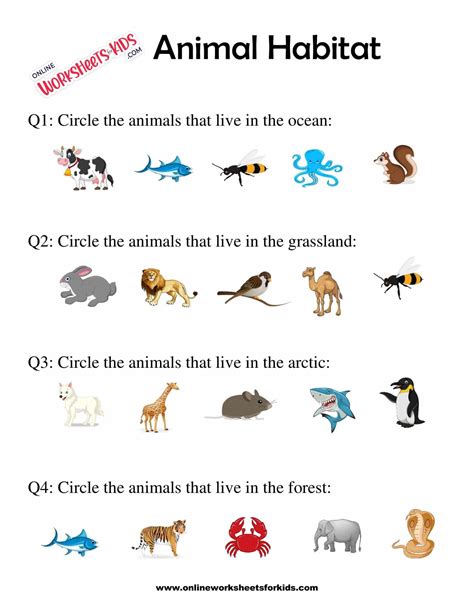 Animal Habitats Worksheets for Grade 1-9