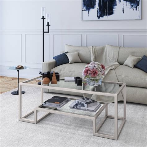 Geometric Modern Glass Coffee Table with Storage Shelf, Rectangle Accent Table in Nickel for ...