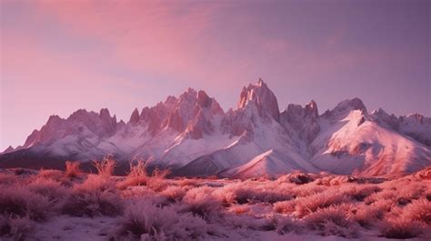 Premium AI Image | mountains covered in snow and pink grass in a desert ...