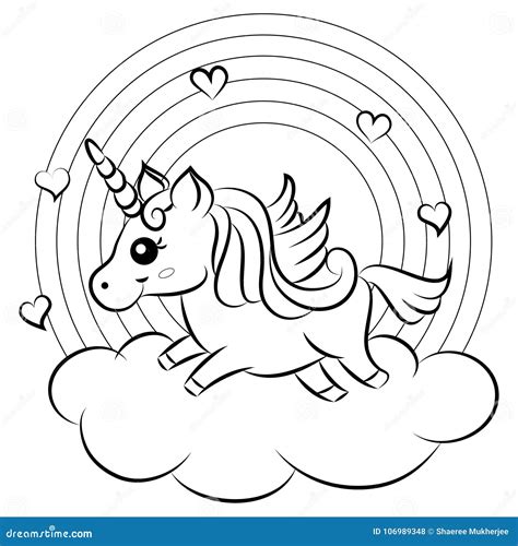 Cute Cartoon Vector Unicorn with Rainbow Coloring Page Stock Vector - Illustration of running ...