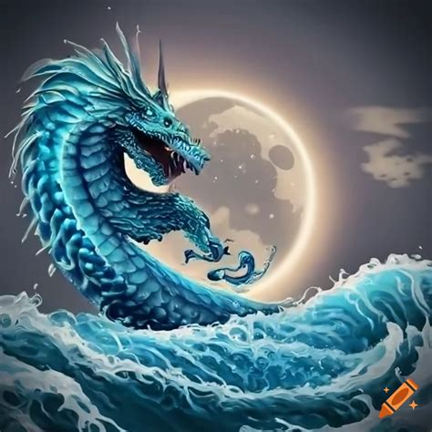 Image of a water dragon breaching the waves under a full moon on Craiyon