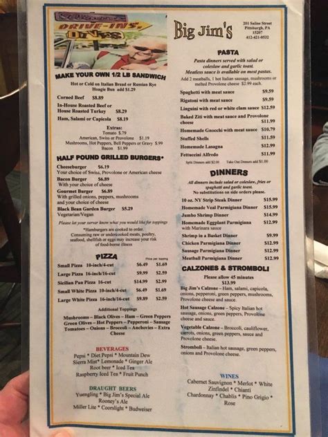 Menu at Big Jim's in the Run restaurant, Pittsburgh