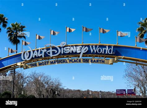 Orlando, Florida, USA - February 9, 2022: A Walt Disney World entrance arch gate in Orlando ...