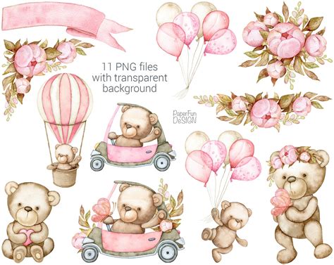 Watercolor Teddy Bear clipart. Baby Girl Kid clip art. Floral | Etsy