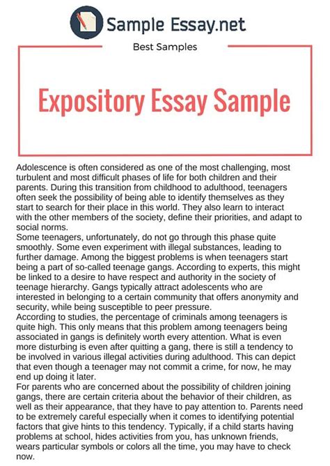 Expository essay provides information to readers with no any opinions of the writer. It may ...