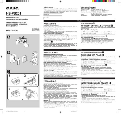 AIWA HS-PS201 CASSETTE PLAYER OPERATING INSTRUCTIONS | ManualsLib