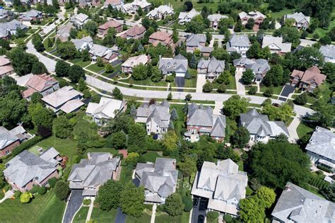 Aerial view of a neighborhood in the Chicago suburban city of Glenview, IL in summer. USA ...