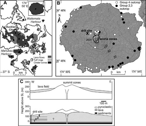 (A) Map of the Auckland Volcanic Field, and (B) Rangitoto volcano... | Download Scientific Diagram