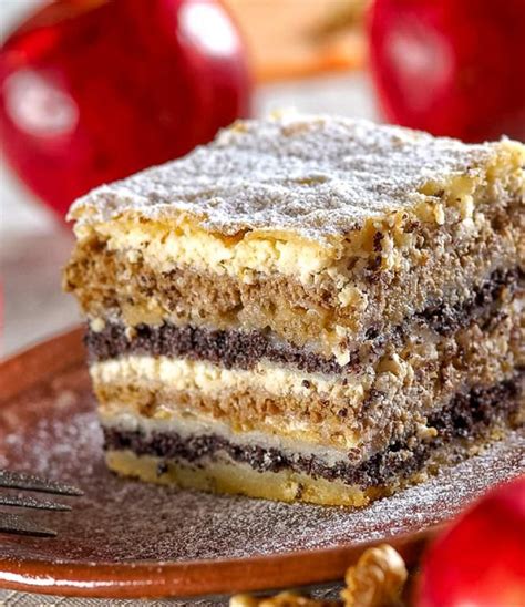 Traditional Slovenian dessert called "Prekmurska Gibanica". Layered pastry contains poppy seeds ...